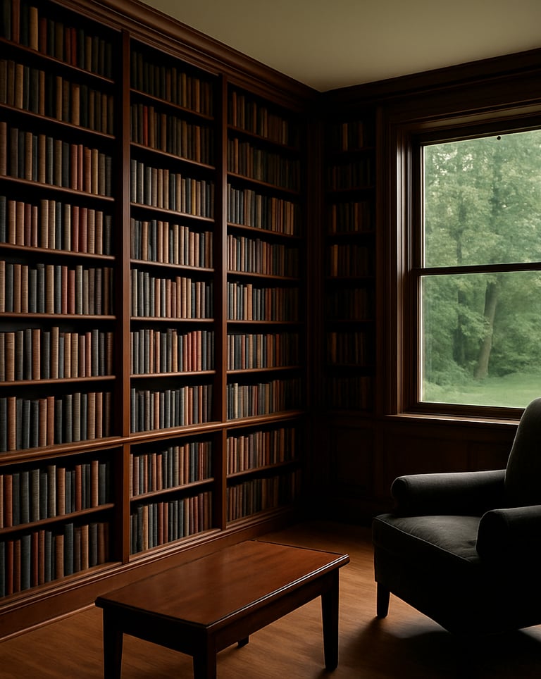 A wide, cinematic shot of an organized home library in a North American residence. Rich mahogany bookshelves are filled with books. A window in the corner shows a view of a tranquil, green sylvan landscape.