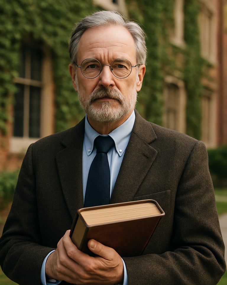 A medium shot of a distinguished professor standing in a North American campus courtyard with ivy-covered brick walls. They are holding a thick, well-crafted academic book. The style is professional and intellectual.