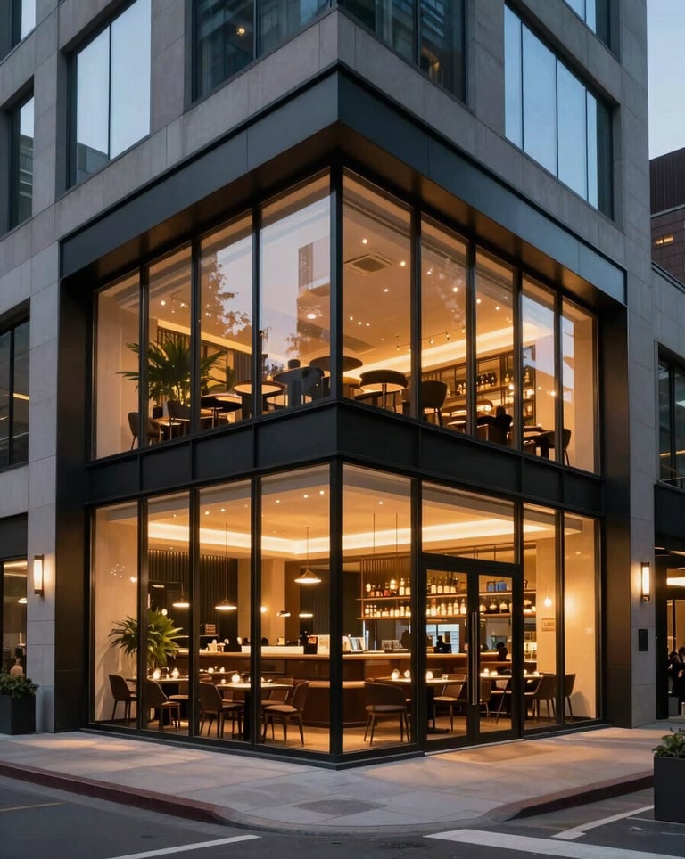 A luxury commercial building exterior in a North American metropolitan area at dusk. The architecture is modern with large glass windows showing a warm, cozy restaurant interior on the ground floor. Strategic lighting highlights the structure.