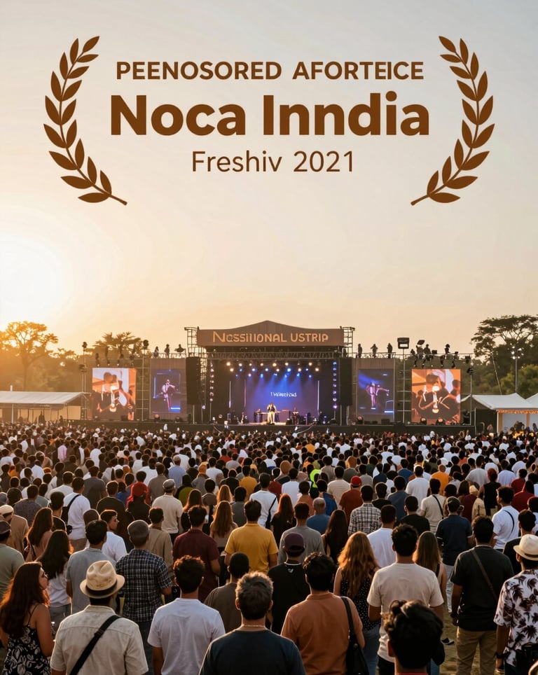 A panoramic photograph of a large outdoor music festival in India during sunset, with warm champagne and espresso brown tones in the lighting.