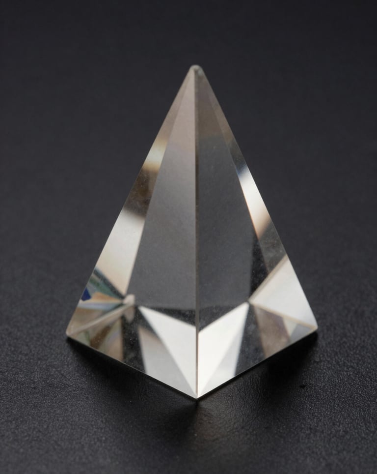 An extremely detailed photograph of a precision-cut industrial prism sitting on a matte black surface. Refracted light, soft silver highlights, Bureau-grade aesthetic.
