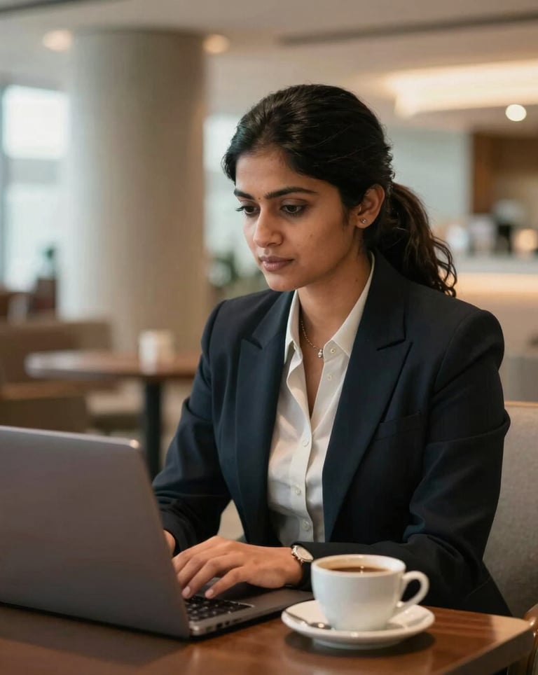 A professional South Asian female business executive sitting in a premium airport lounge, working on her laptop with a cup of coffee nearby, warm lighting, sophisticated B2B environment, realistic high-quality photography.