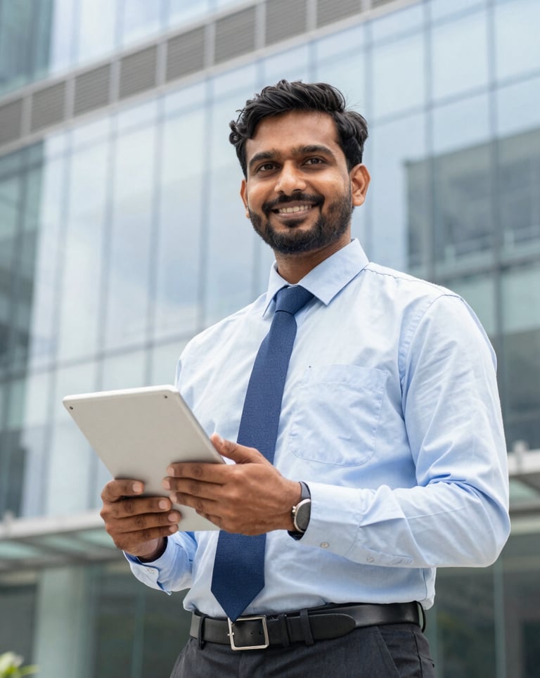 An Indian professional executive holding a tablet, standing in front of a modern glass office facade in Bangalore, smiling confidently, bright natural daylight, corporate professionalism, crisp photography.