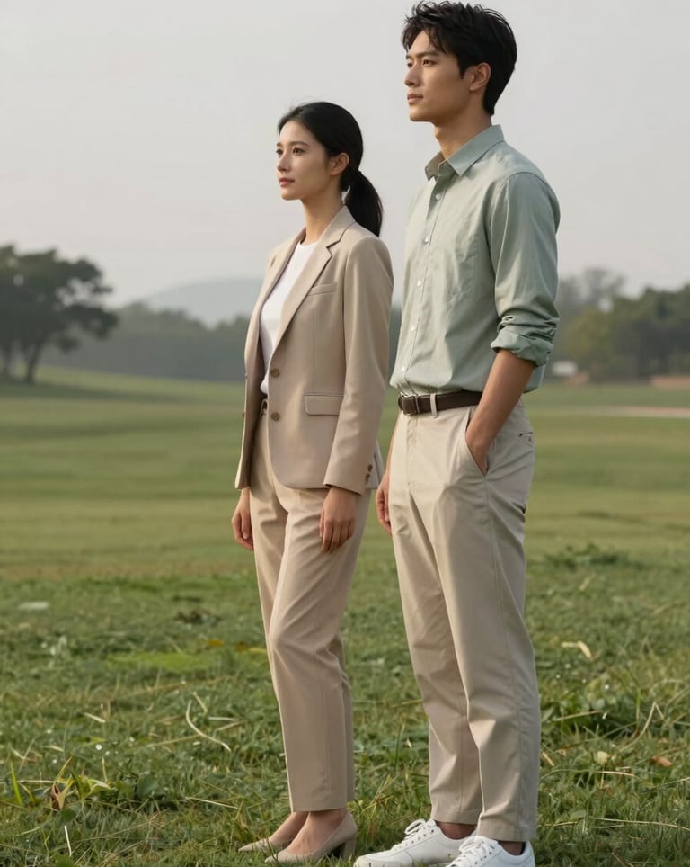 A lifestyle shot of a young professional couple standing on a green lot, looking towards the horizon with a sense of accomplishment. They are dressed in smart-casual attire in neutral tones like beige and sage.