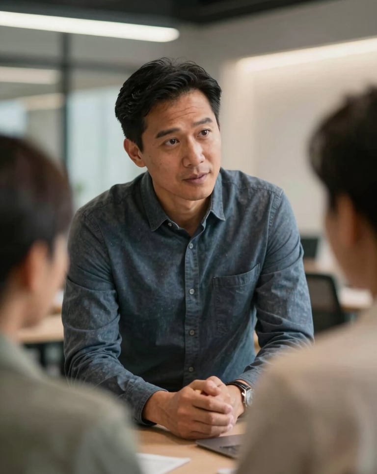 A close-up of a diverse North American / Global Professional mentor providing guidance to a focused learner in a sleek, modern office. The lighting is warm and professional, emphasizing results and connection.