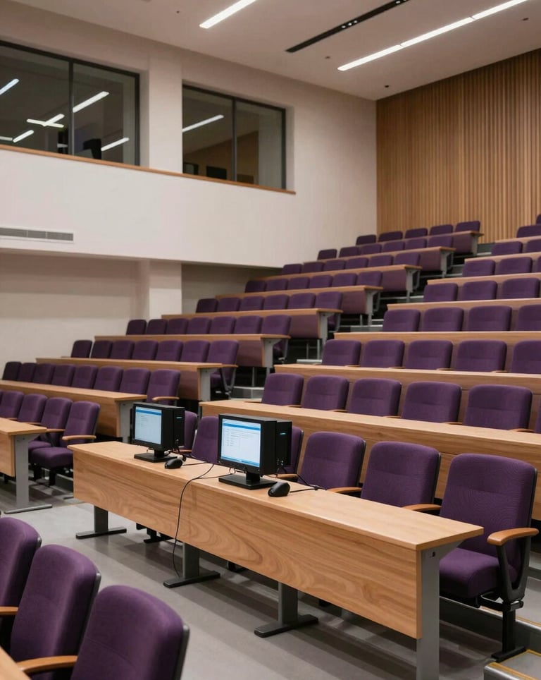 Clean, architectural photography of a modern lecture hall with deep purple seating and high-tech equipment, set in a North American / Global Professional academic building.