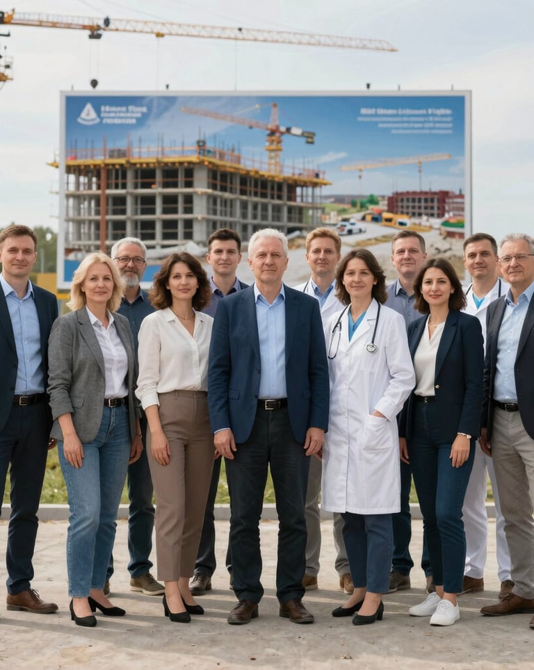 Group of enthusiastic community leaders and medical experts standing together in front of a construction site billboard, looking at the camera with hope. Professional attire. Central European / Romanian landscape.