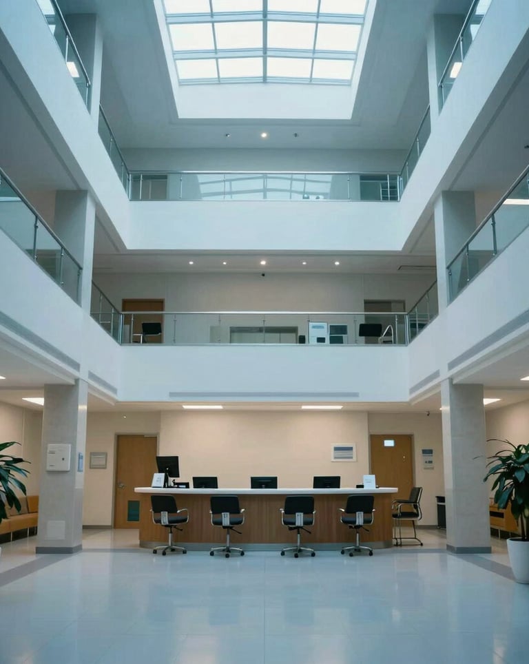 Professional architectural photography of a hospital's high-ceilinged reception hall, using natural light and professional blue tones. Clean and welcoming atmosphere. Central European / Romanian context.