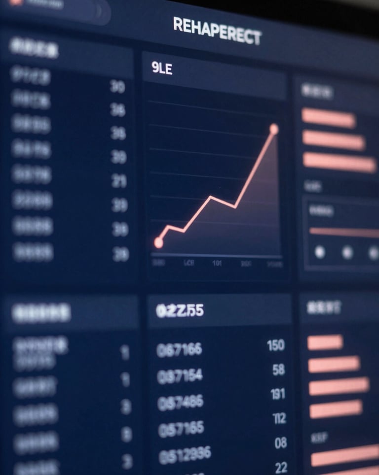 A strategic dashboard with glowing data points and growth indicators, sophisticated and tech-oriented, using brand colors navy (#1A2C3E) and rose (#D9BDB7).