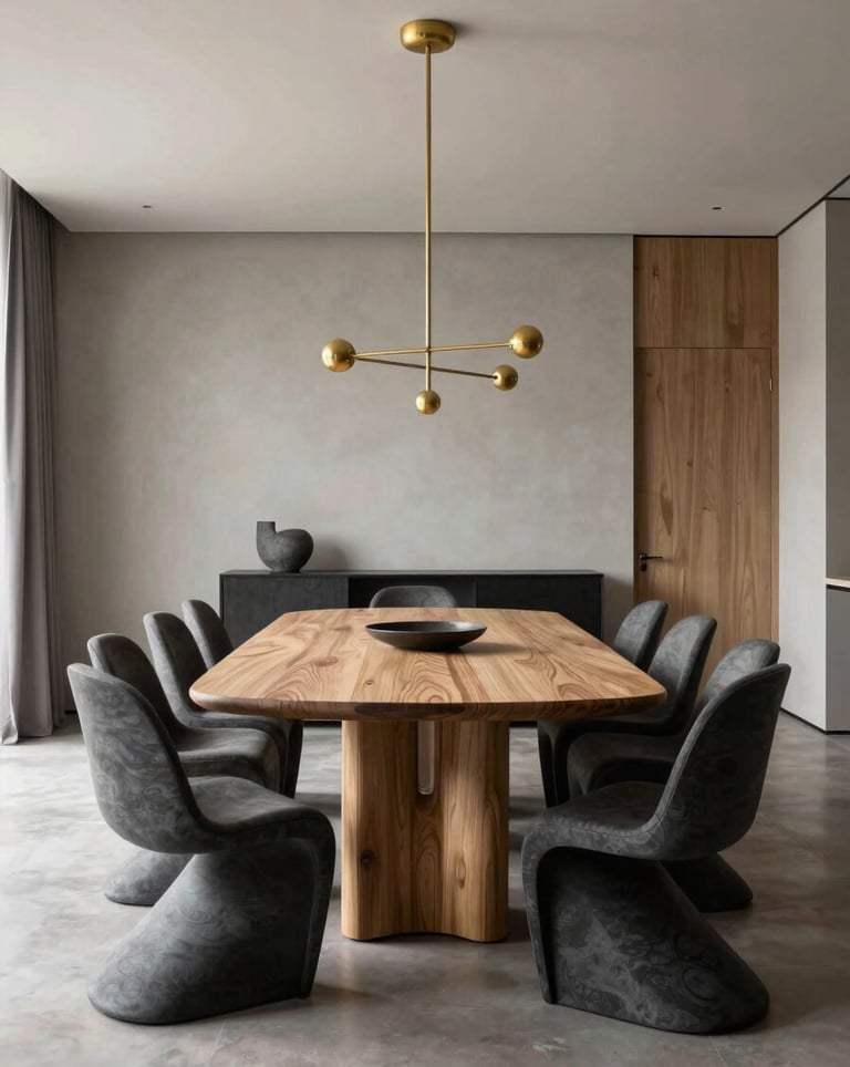 A stunning wide shot of a luxury dining room with a custom oak table, sculptural charcoal chairs, and a minimalist gold chandelier. International / High-end interior design.
