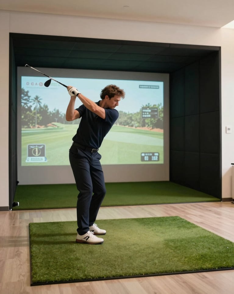 A wide shot of a man practicing his golf swing in a high-end simulator. He is wearing a dark navy polo, and the room is lit with warm, off-white highlights.