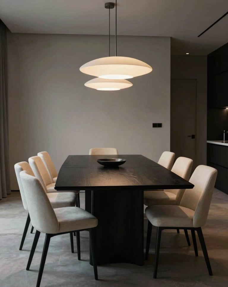 A wide shot of a modern, minimalist dining room. A long matte black table is surrounded by ivory chairs, under a sculptural designer light fixture. The atmosphere is quiet and sophisticated.