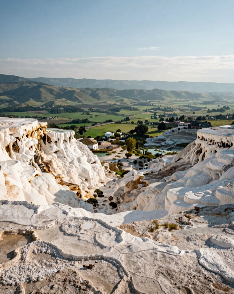 A wide-angle photography shot showing the vast panoramic view from the top of Hierve el Agua. The valley below is lush green, contrasting with the off-white mineral formations and soft blue sky.