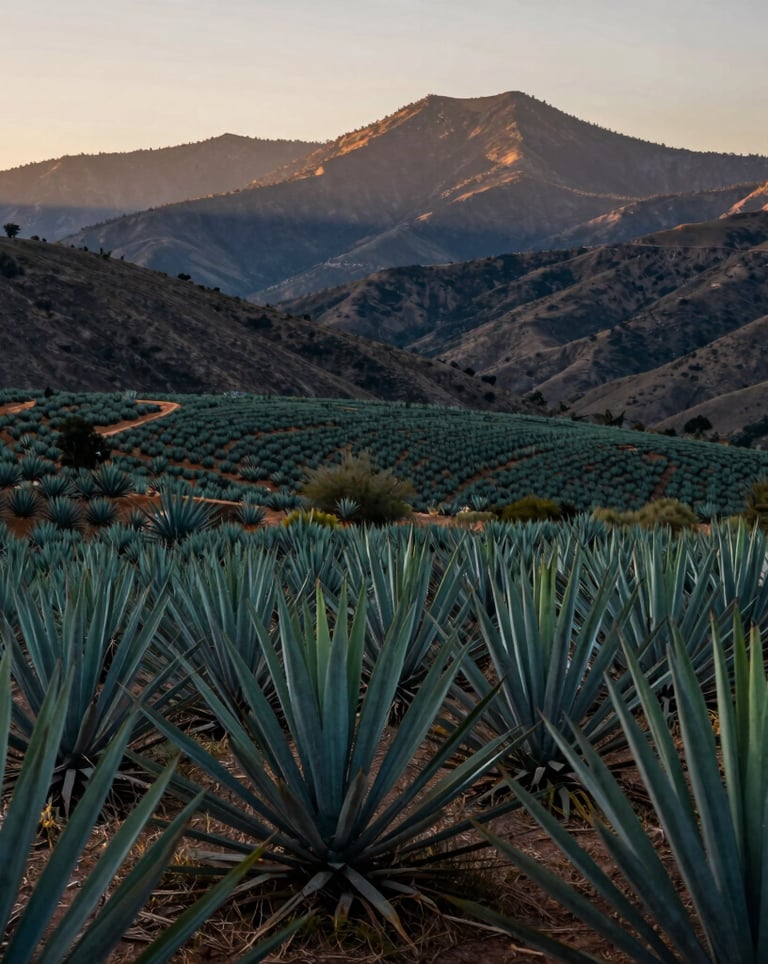 An evocative shot of agave fields in the Oaxacan valley, with the mountains of Hierve el Agua in the distance. The scene is dominated by deep teal greens and charcoal earth tones under sunset light.