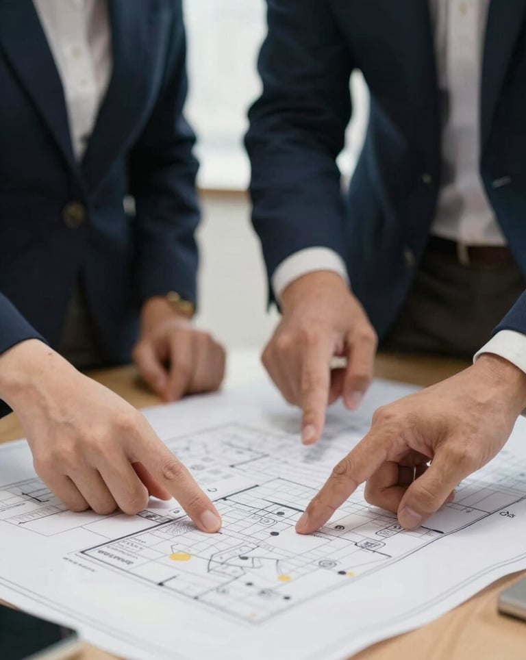 A professional portrait of a collaboration session—hands pointing to a clean blueprint or strategic map—emphasizing partnership and detail. Lighting is warm and sophisticated, using navy and gold tones.