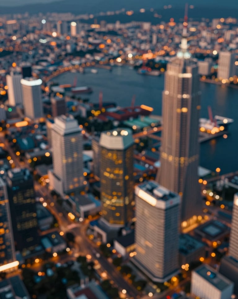 A subtle, artistically blurred aerial view of a vibrant Southeast Asian port or financial district, symbolizing regional connectivity. Warm amber and deep blue color palette.