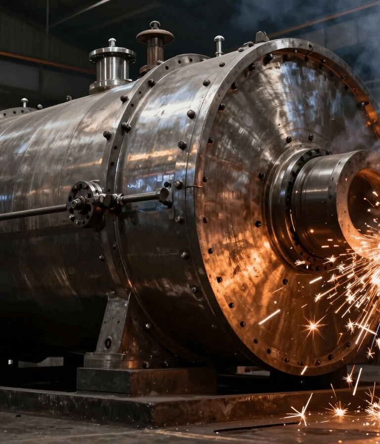 Low-angle heroic shot of a massive steel fire-tube boiler shell in mid-assembly inside a dark industrial workshop, sparks flying from welding torch on the right, high-contrast amber lighting.