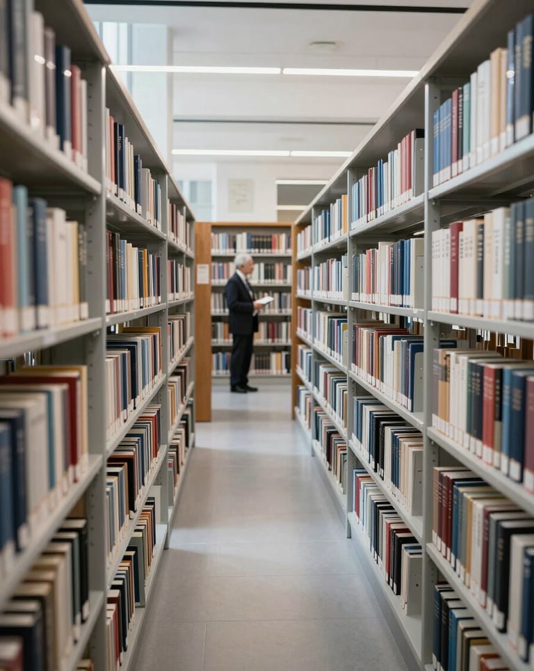 A wide shot of an elegant library within a modern institution. Rows of books are neatly organized on shelves. A scholar is seen in the distance, embodying academic prestige and focus. Color palette: Neutral Gray and Pearl White.