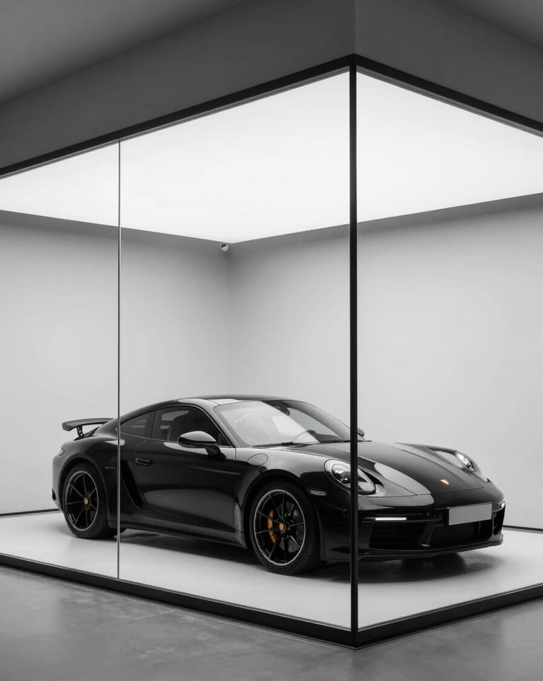 An ultra-modern minimalist showroom with floor-to-ceiling glass. A single Porsche sits under a spotlight. The color palette is strictly Obsidian Black and Mist White for a clean, luxury aesthetic.