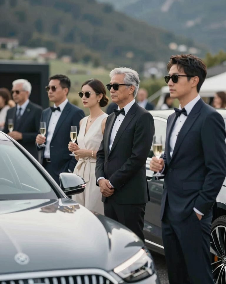 A group of elegant people standing next to luxury cars at a lifestyle event in Andorra. The scene is chic, with refined attire and glasses of champagne. Soft lighting, #B2A292 tones throughout.