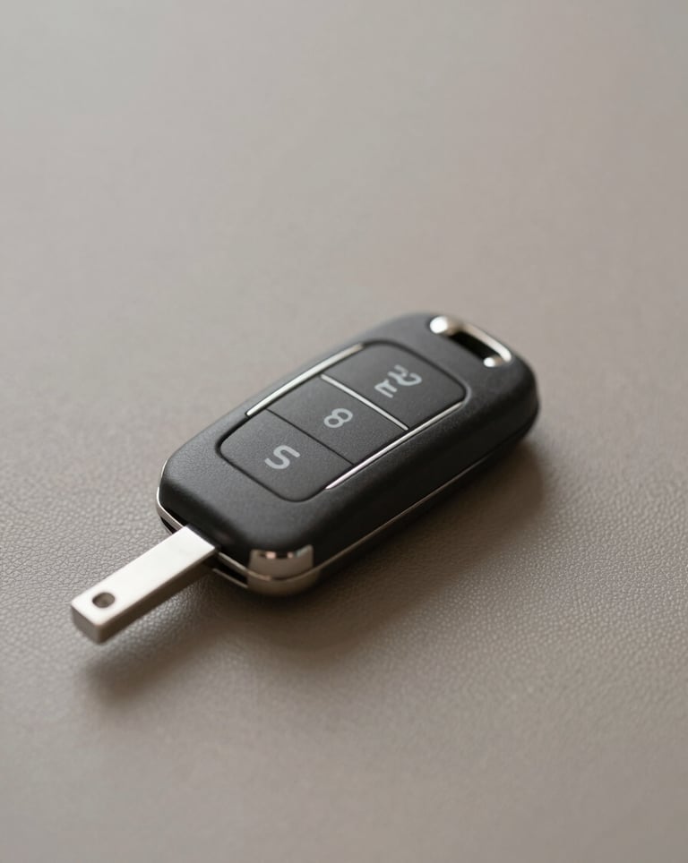 A minimalist and elegant close-up of a prestige car key resting on a high-quality leather surface. Neutral colors #B2A292 and #1A1A1A create a sense of tactile luxury and exclusivity.