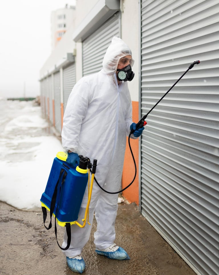 a man in a white suit and a blue backpack
