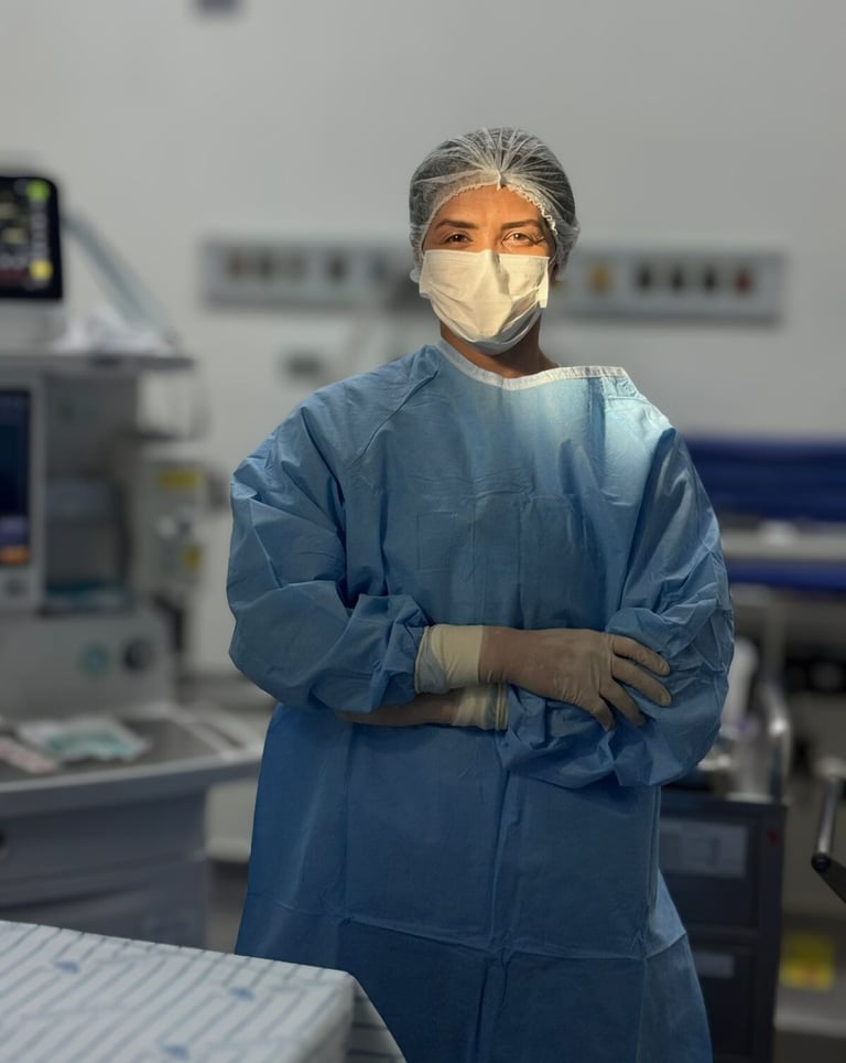 Simone Veridiana em sala de cirurgia paramentada de braços cruzados olhando na direção da camera.