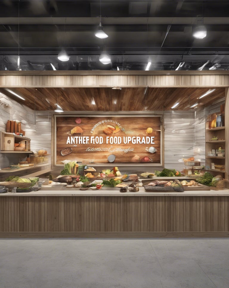 A gourmet dish is plated elegantly on a round ceramic plate. The dish consists of a golden-brown fried patty topped with white sauce, garnished with vibrant green leaves and crispy orange strips. A creamy, iced coffee drink is placed beside it on the wooden table.