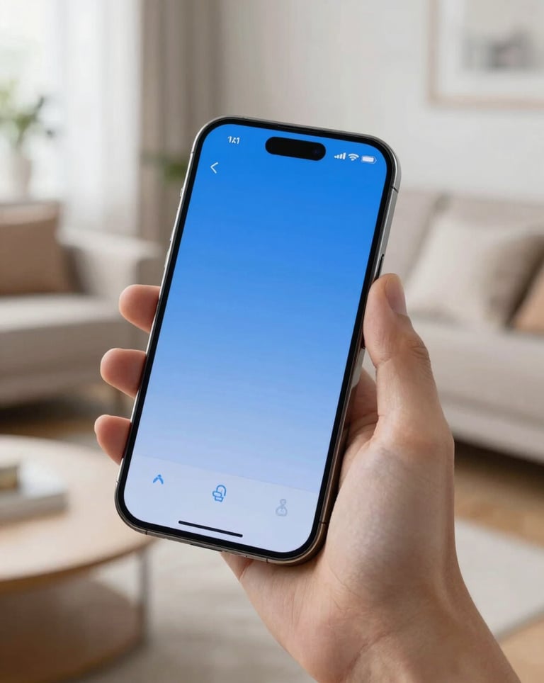Close-up of a hand holding a sleek smartphone in a bright, modern North American living room. The phone shows a clean blue interface representing an AI assistant.
