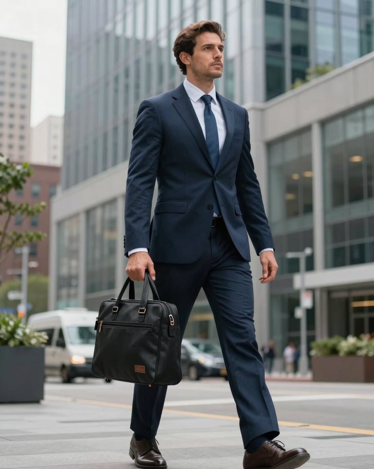 A lifestyle shot of a professional adult in smart business attire walking with a laptop bag through a modern, architecturally impressive city district in the US.