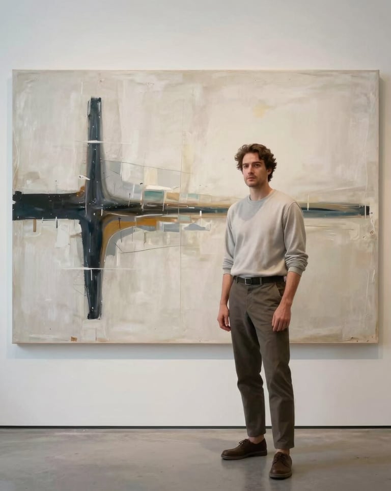 Professional editorial portrait of an artist in a high-end, minimalist North American / US gallery, standing next to a large abstract canvas, neutral clothing.