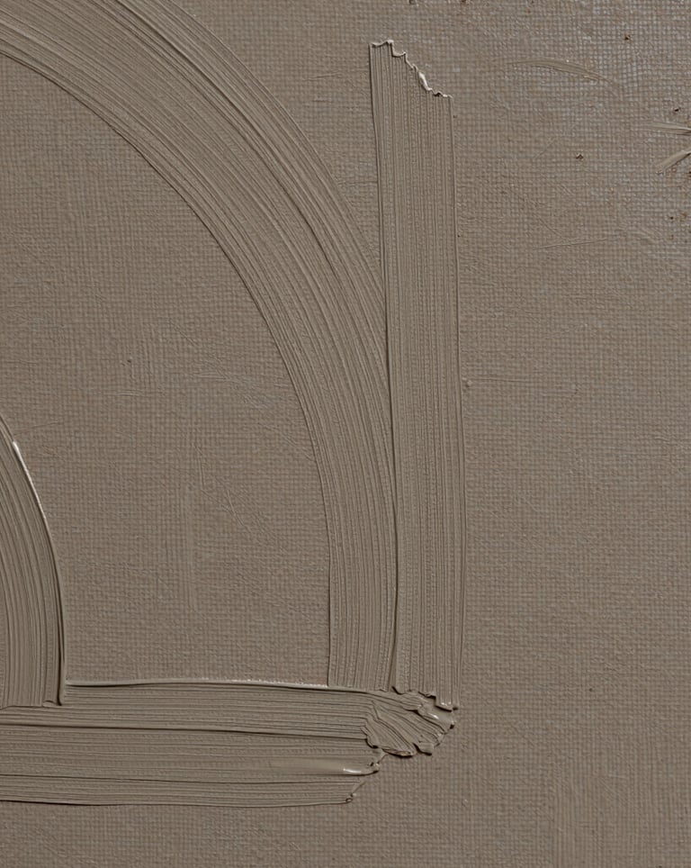 Macro photography of oil paint application on canvas, showing rich muted earth textures and fine architectural lines in natural North American / US light.