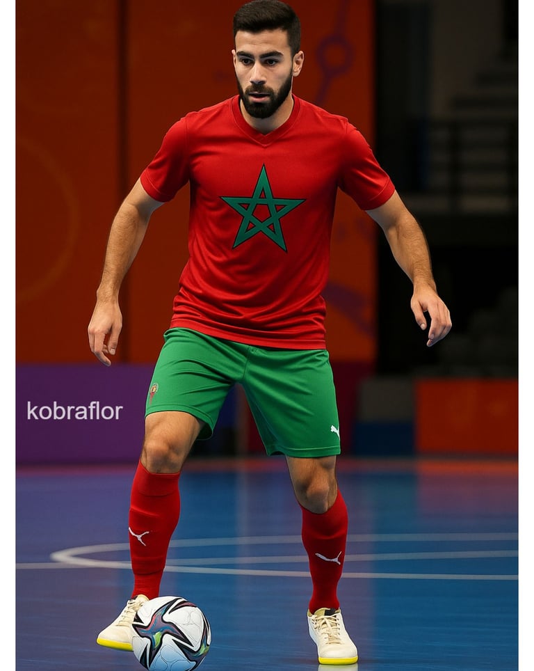 joueur de mini foot en action portant un maillot représentant le maroc  