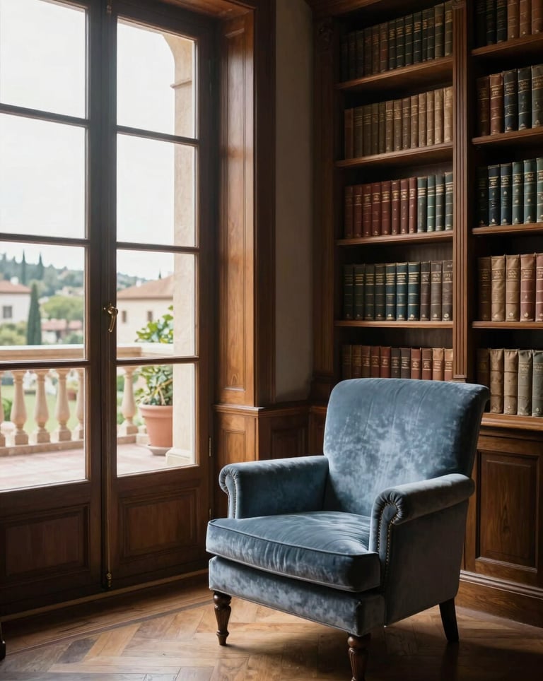 Interior shot of a refined 19th-century library with tall wooden cases, a velvet armchair in slate blue, and large windows looking out over a Southern European terrace.