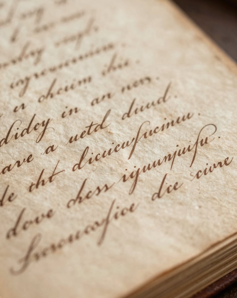 Macro photography of an original handwritten manuscript from the 19th century, showing elegant cursive script on yellowed paper, lit with warm side lighting.
