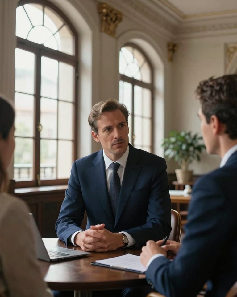 A professional consultant in a tailored navy suit conversing with a client in an elegant, airy Mediterranean office with high ceilings and tall windows, quiet luxury aesthetic.