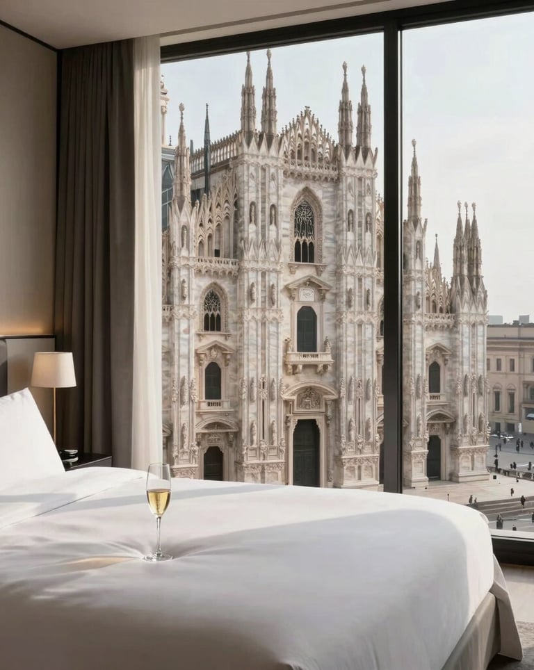 An ultra-modern 5-star hotel suite overlooking the Duomo in Milan, minimalist white linens, champagne accents, soft morning light, professional photography, European / International High-Net-Worth.