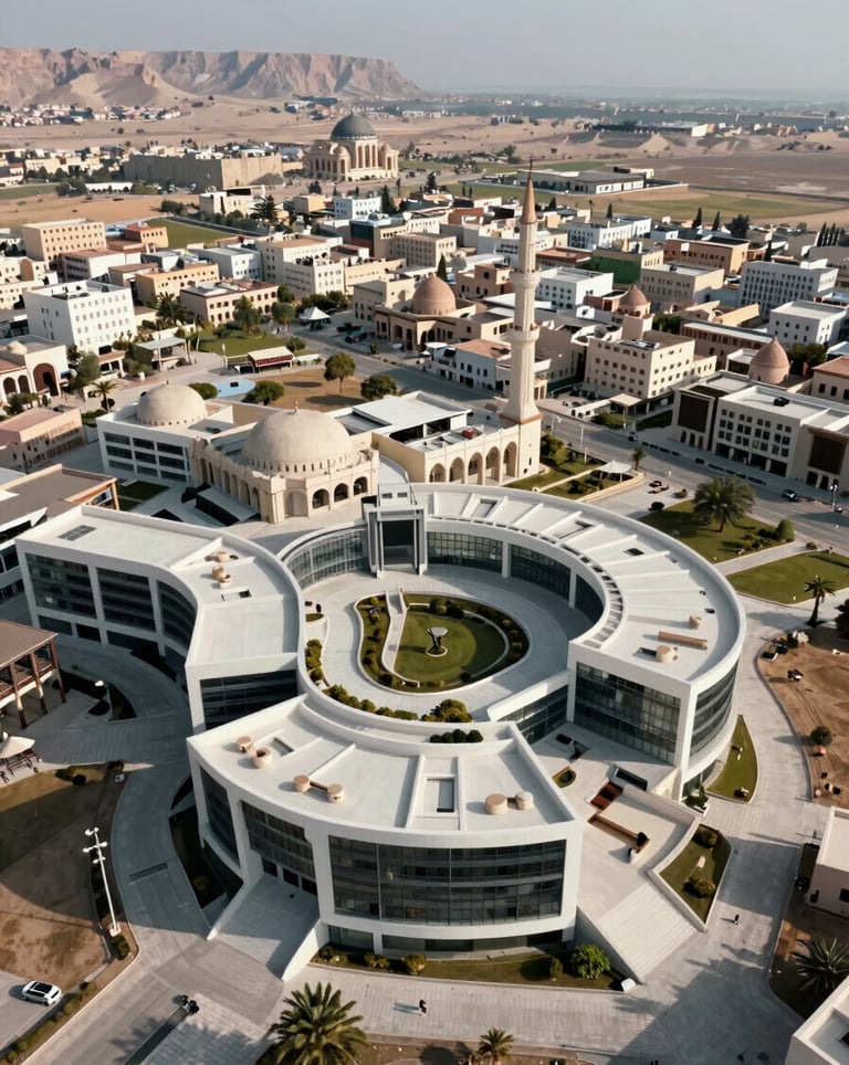 An aerial drone photograph of a stunning tourism facility in the Middle East / Turkey, blending modern architecture with regional landscape, shot in bright daylight.