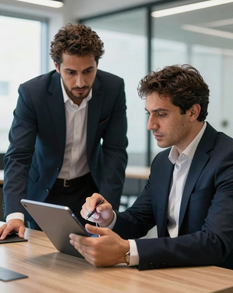 A supportive meeting scene: a consultant and a business owner in a modern Middle Eastern / Turkish office discussing strategy on a digital tablet.