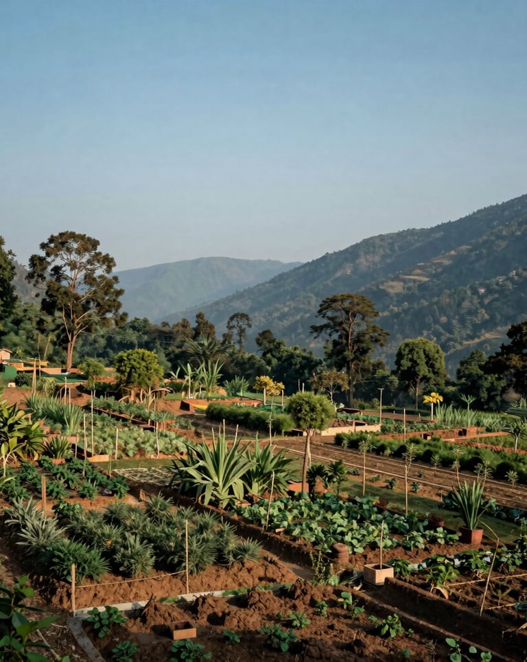 An elegant, wide-angle landscape photograph of a South Asian / Indian valley being restored. Sections of young forest alternate with organic gardens, all under a vast, soft blue sky that reflects growth and hope.