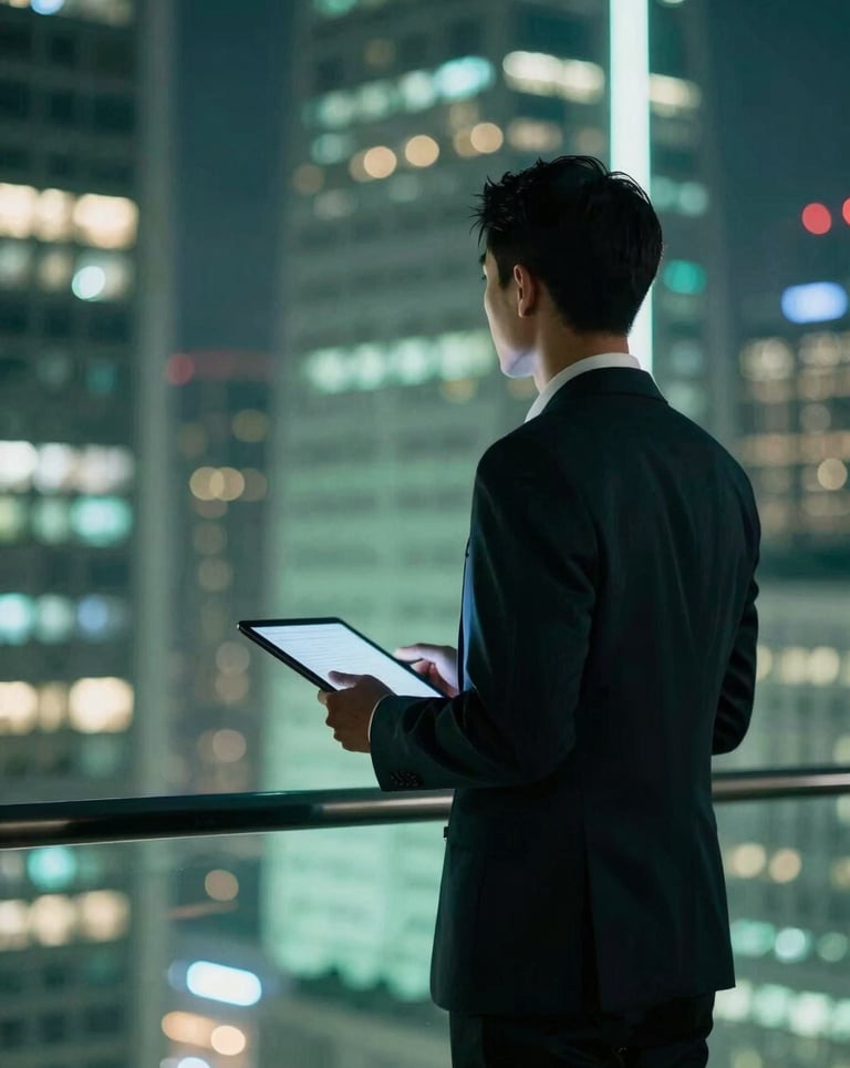 The silhouette of a professional in a tailored suit looking out over a metropolitan financial hub at night, soft emerald green glow from a tablet nearby.