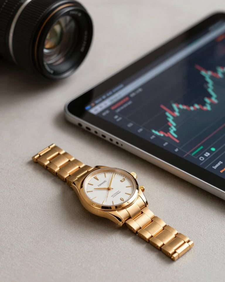 Elegant photography of a high-net-worth investor's workspace, focusing on a premium metallic gold watch and a tablet showing financial growth trends, soft lighting.