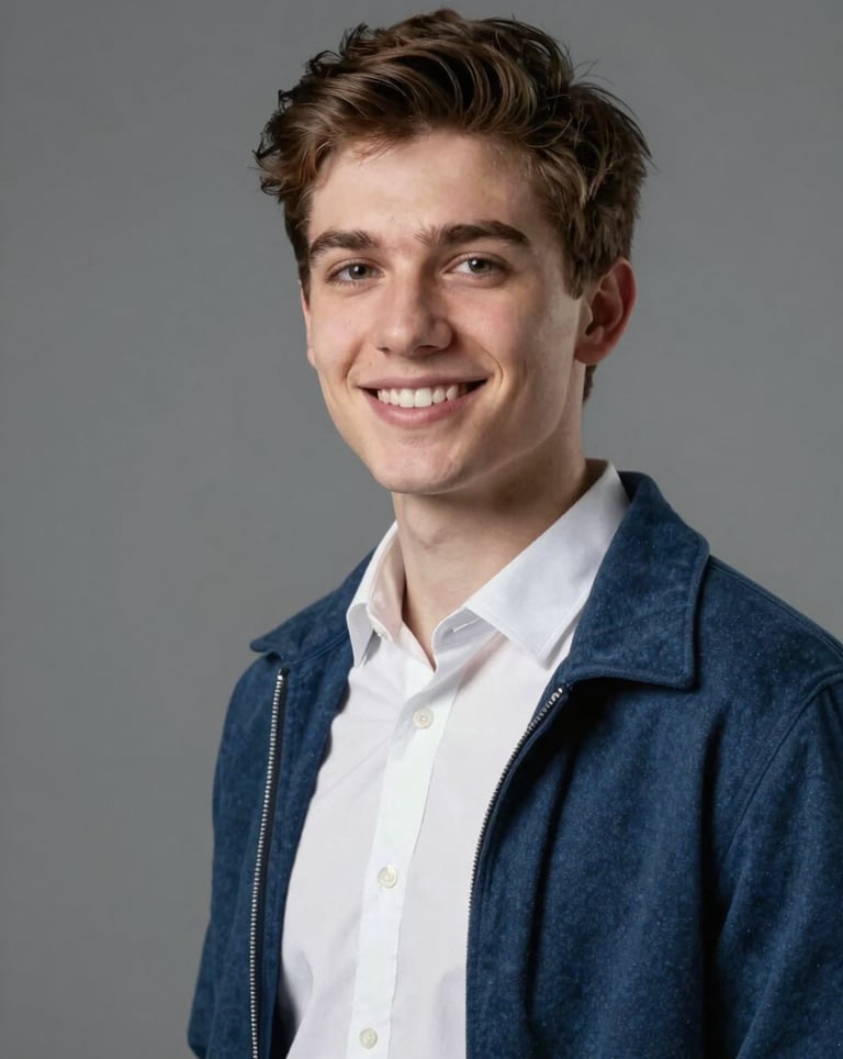 A professional studio portrait of a young French student in tech, wearing a smart casual white shirt and blue jacket, looking confident and smiling, plain grey backdrop.