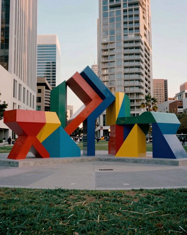 A wide-angle shot of a prominent public art installation in a West Hollywood park, featuring colorful, geometric sculptures with modern urban architecture in the background.