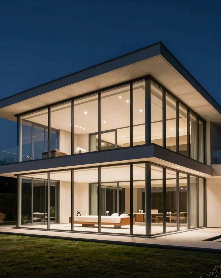 Night photography of a contemporary mansion featuring massive glass facades by Graciano, illuminated from within to showcase the structural elegance and high-end materials.