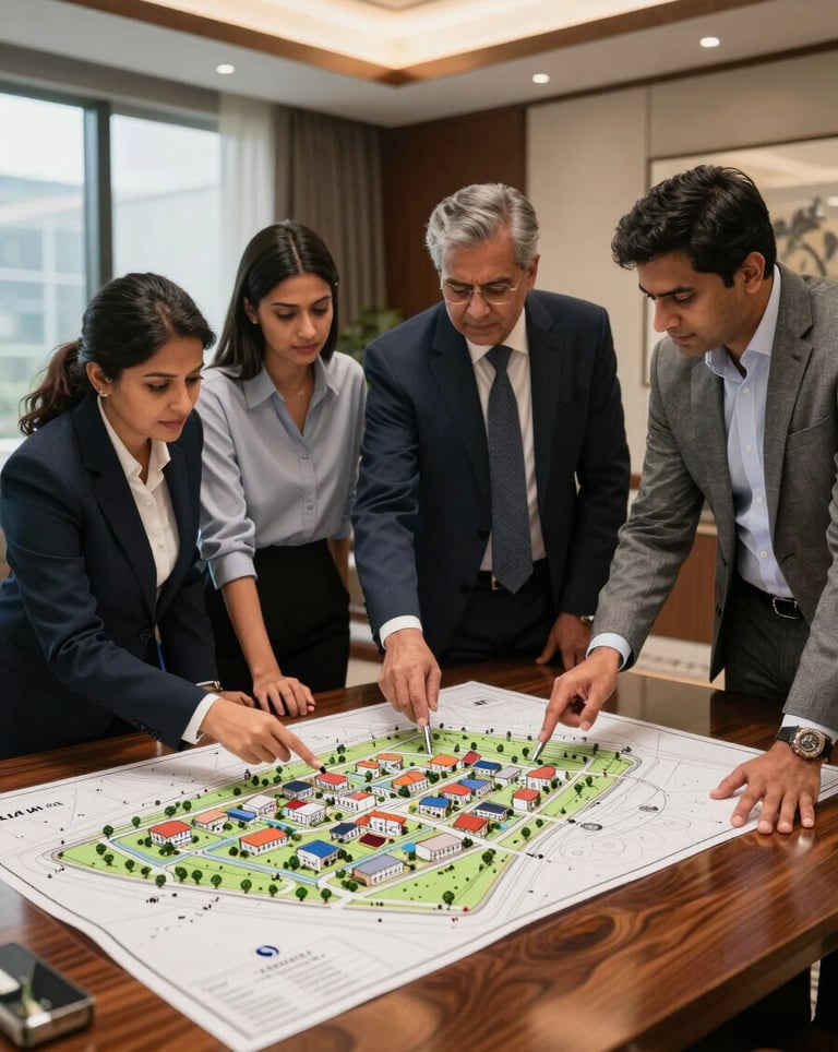 A professional business setting in a luxury Gurugram office where South Asian real estate experts are reviewing a site plan of Alan City township on a large mahogany table.