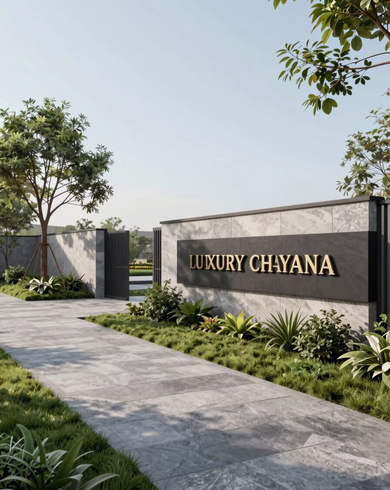 An architectural 3D rendering of a luxury gated community in Haryana, India, showing high-end landscaping, stone-paved walkways, and charcoal-colored modern signage.