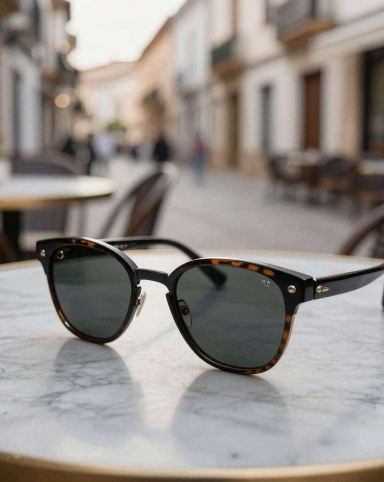Close-up photography of a bespoke travel itinerary and designer sunglasses on a marble table in an outdoor café, blurred Iberian street in the background, soft morning light.