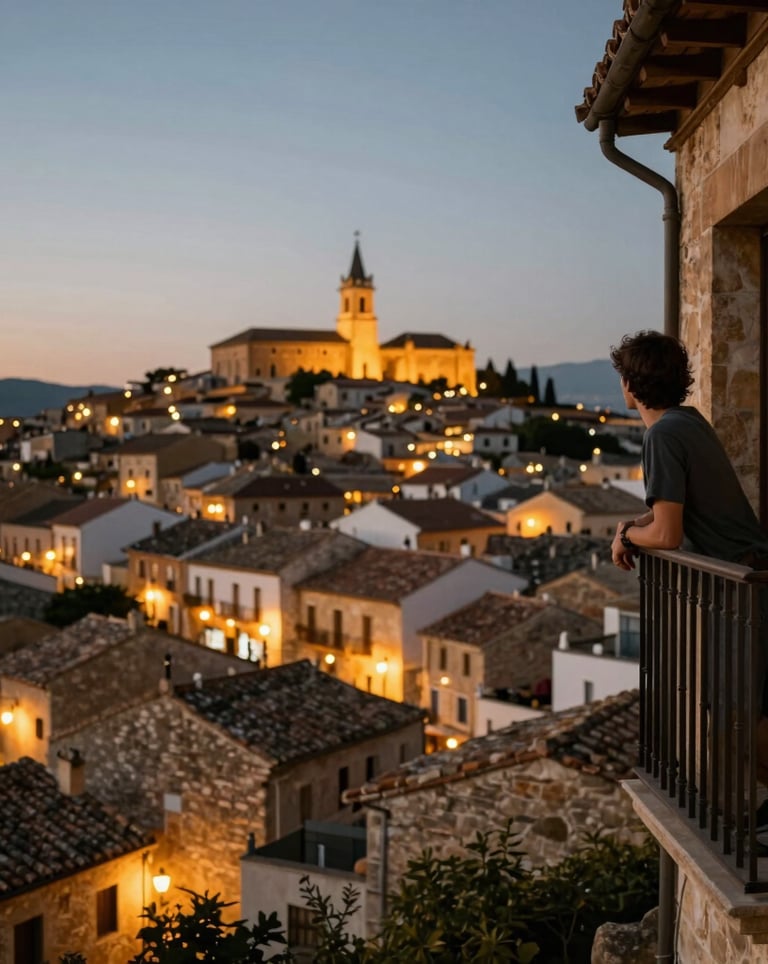 A person looking out from a private balcony over an ancient Iberian town at twilight, warm gold lights flickering in the distance, evocative and peaceful atmosphere.