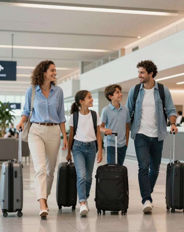 A Brazilian family of four smiling and walking through a modern, upscale airport lounge. They are carrying stylish luggage and look relaxed. The atmosphere is professional yet warm, using a light blue and white color scheme.